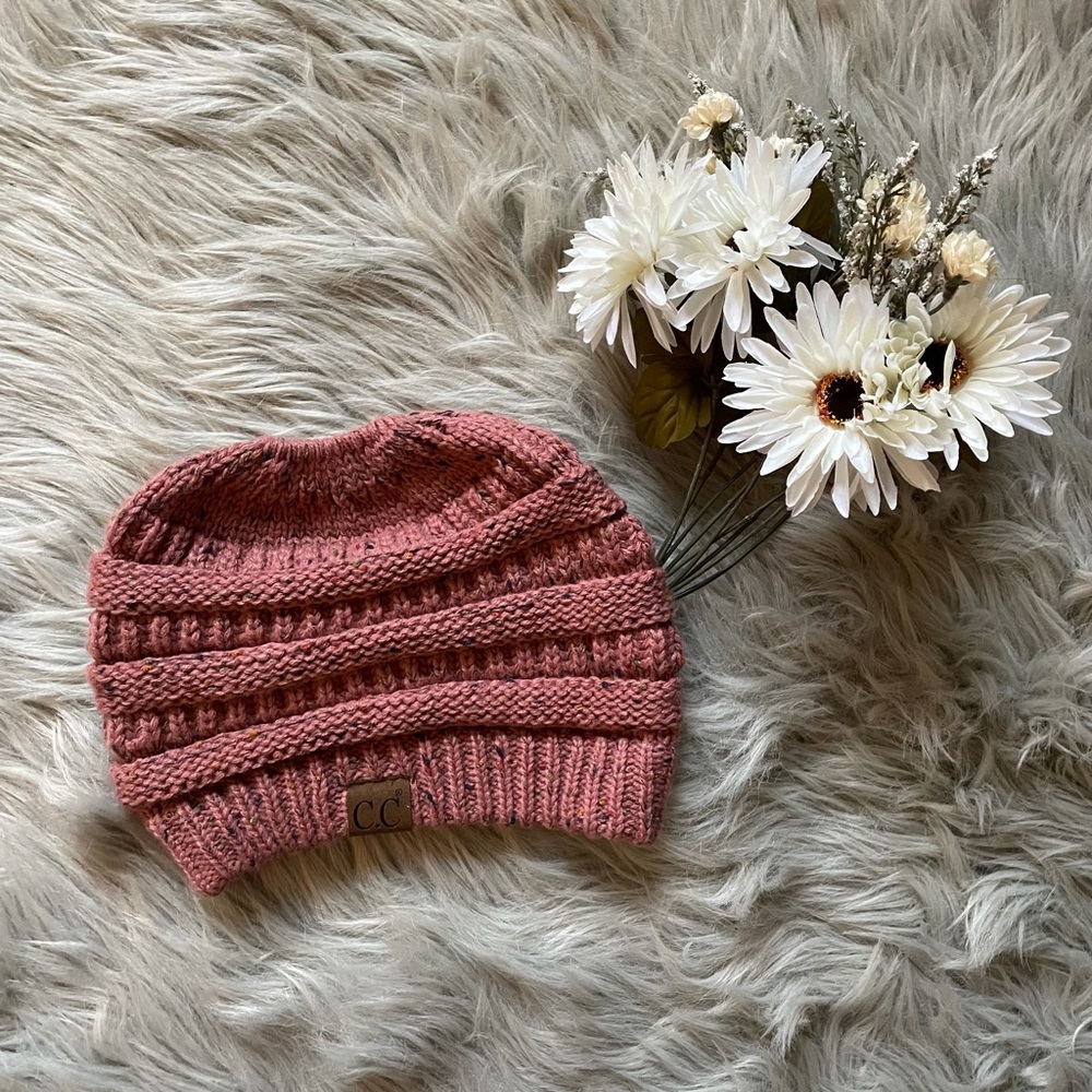C.C. Mauve Pink Knit Messy Bun/Ponytail Beanie